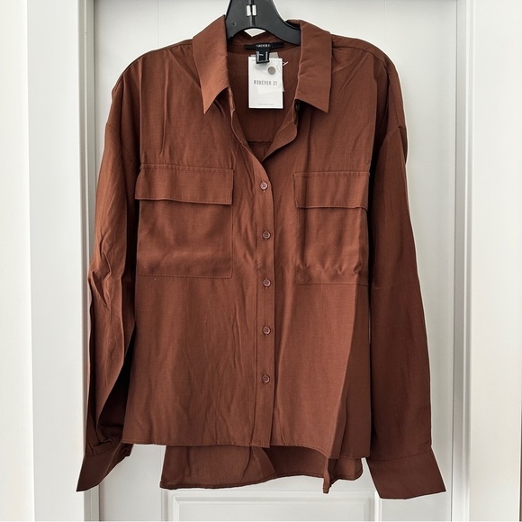 Forever 21 Tops - Forever 21 Lightweight Silky High-Low Buttoned Shirt - Medium - Brown